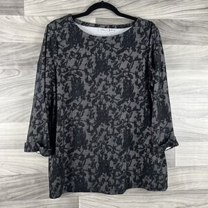 Croft &‎ Barrow Blouse Women L Black White 3/4 Sleeve Floral Relaxed Career